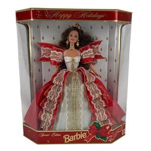 Barbie 1997 Special Edition 10th Anniversary Happy Holidays Red Dress Brunette